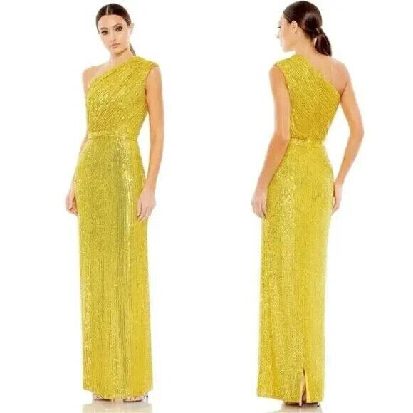 Mac Duggal 26694 Sequined Ruched One Shoulder Gown Yellow Sz 10 NWT - Picture 1 of 7